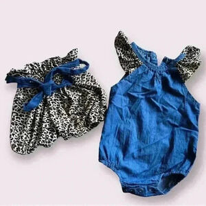 Girls animal print  denim romper and shorts set
